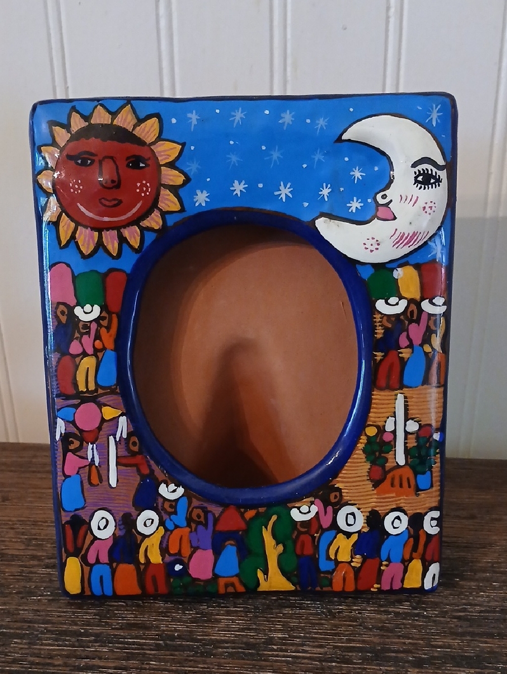 Mexican Talavera Hand-Painted Folk Art Sun & Moon Terracotta Photo Frame